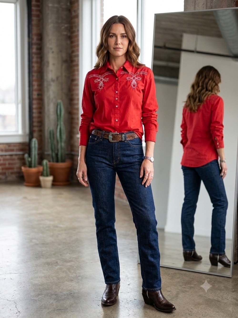 Wrangler western cowgirl vibrant red shirt embroidery rhinestone detail Medium